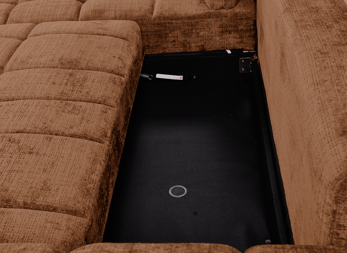 Canapé d'angle convertible avec coffre en velours chiné terracotta MAHLONE - Angle gauche - DécoInParis