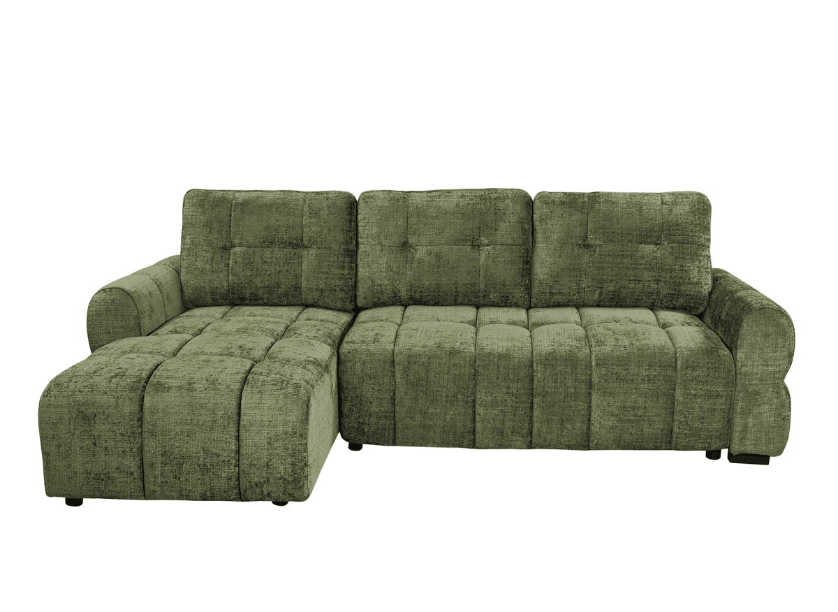 Canapé d'angle convertible avec coffre en velours chiné vert olive MAHLONE - Angle gauche - DécoInParis