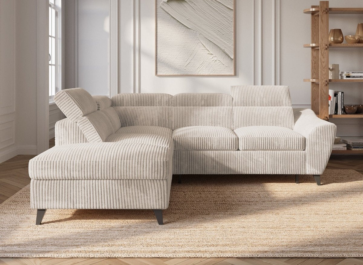 Canapé d'angle convertible avec coffre en velours côtelé épais beige DALTON - Angle gauche - DécoInParis