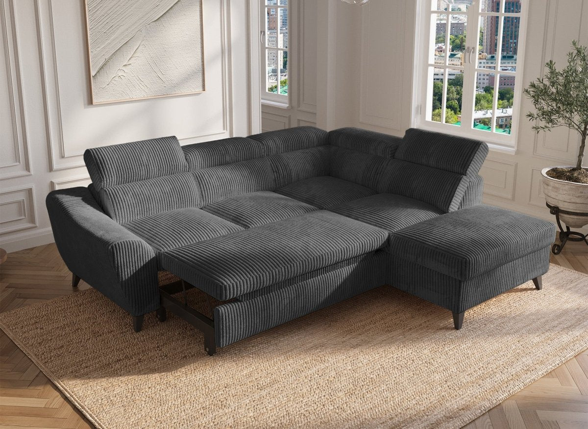 Canapé d'angle convertible avec coffre en velours côtelé épais gris DALTON - Angle droit - DécoInParis