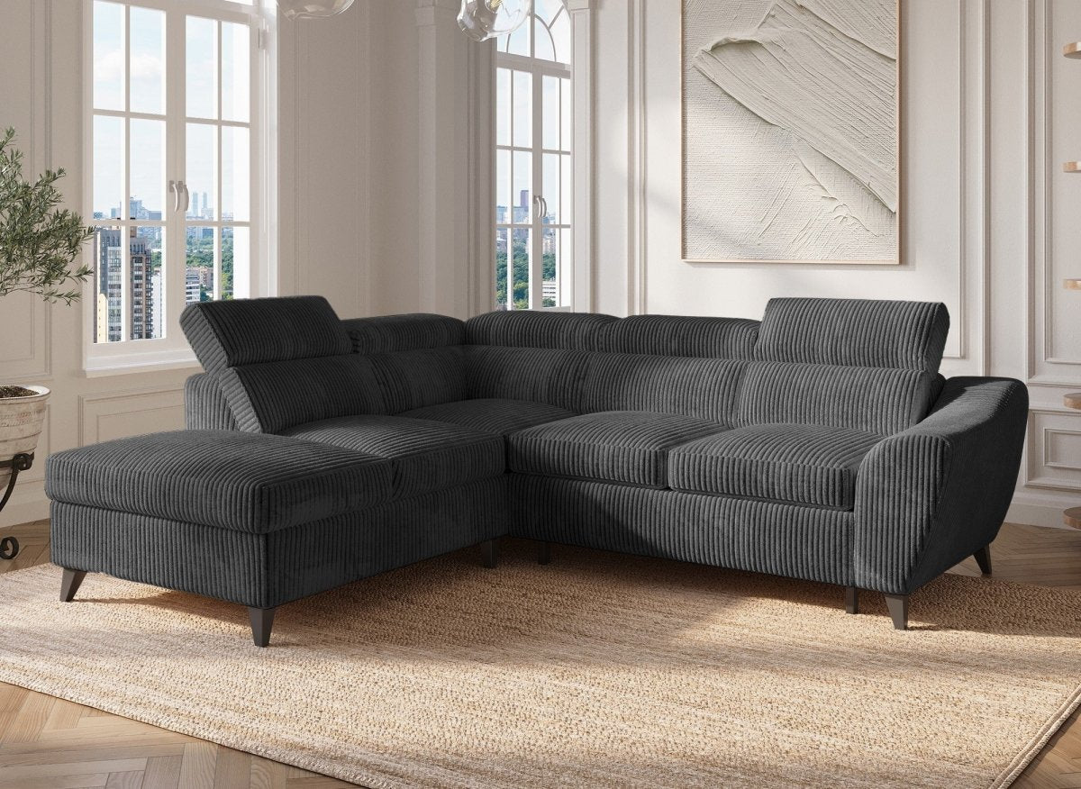 Canapé d'angle convertible avec coffre en velours côtelé épais gris DALTON - Angle gauche - DécoInParis