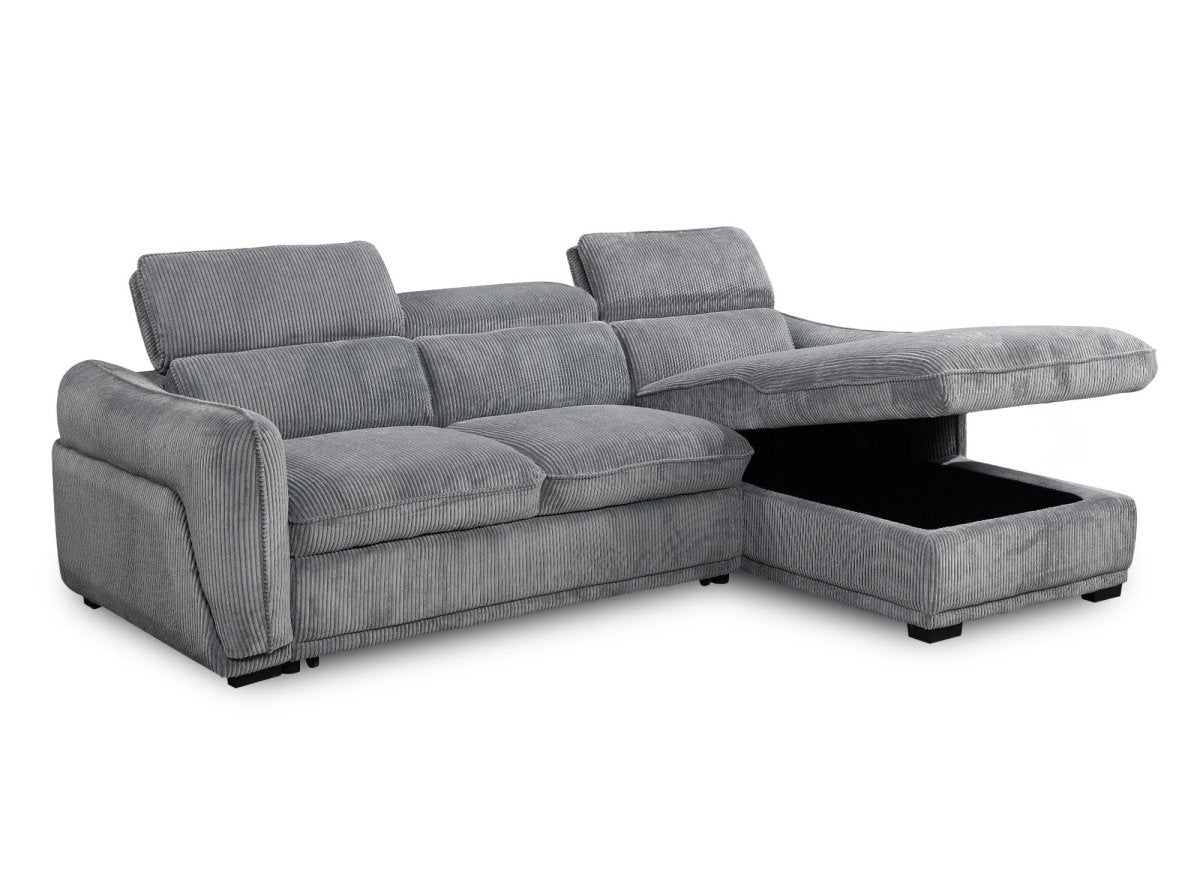 Canapé d'angle convertible avec coffre en velours côtelé épais gris PETUNIA - Angle droit - DécoInParis