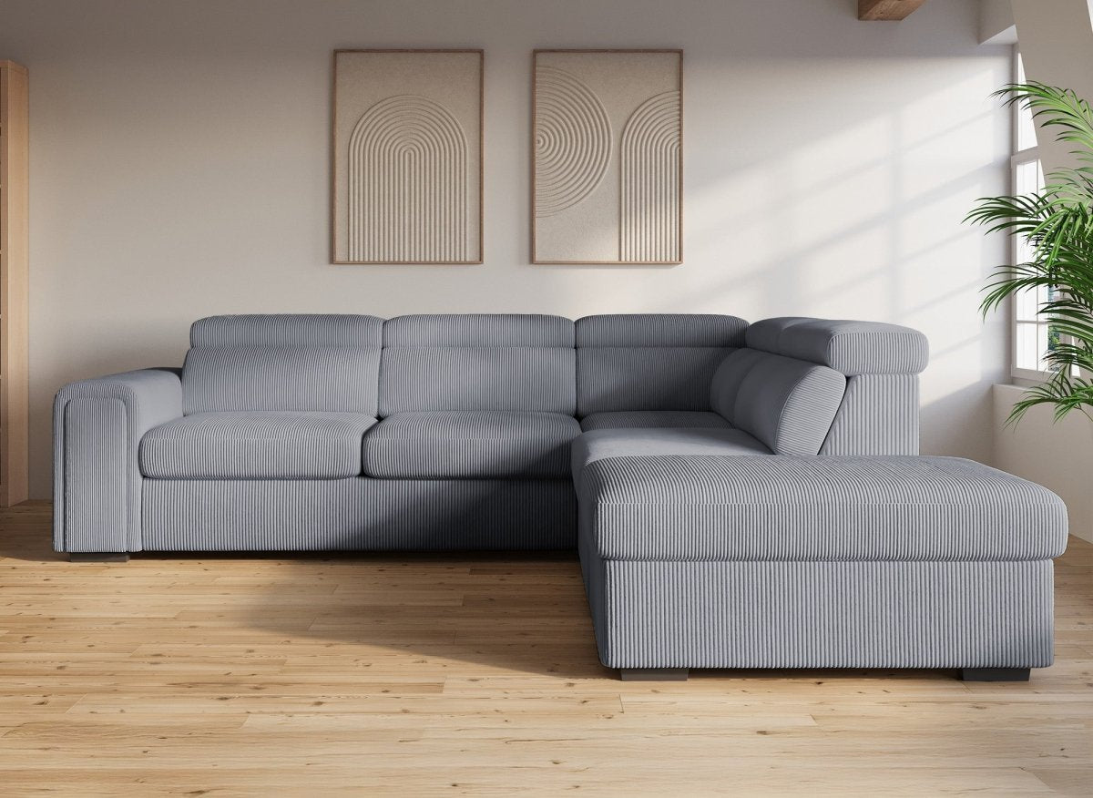 Canapé d'angle convertible avec coffre en velours côtelé épais gris ZENOVA - Angle droit - DécoInParis