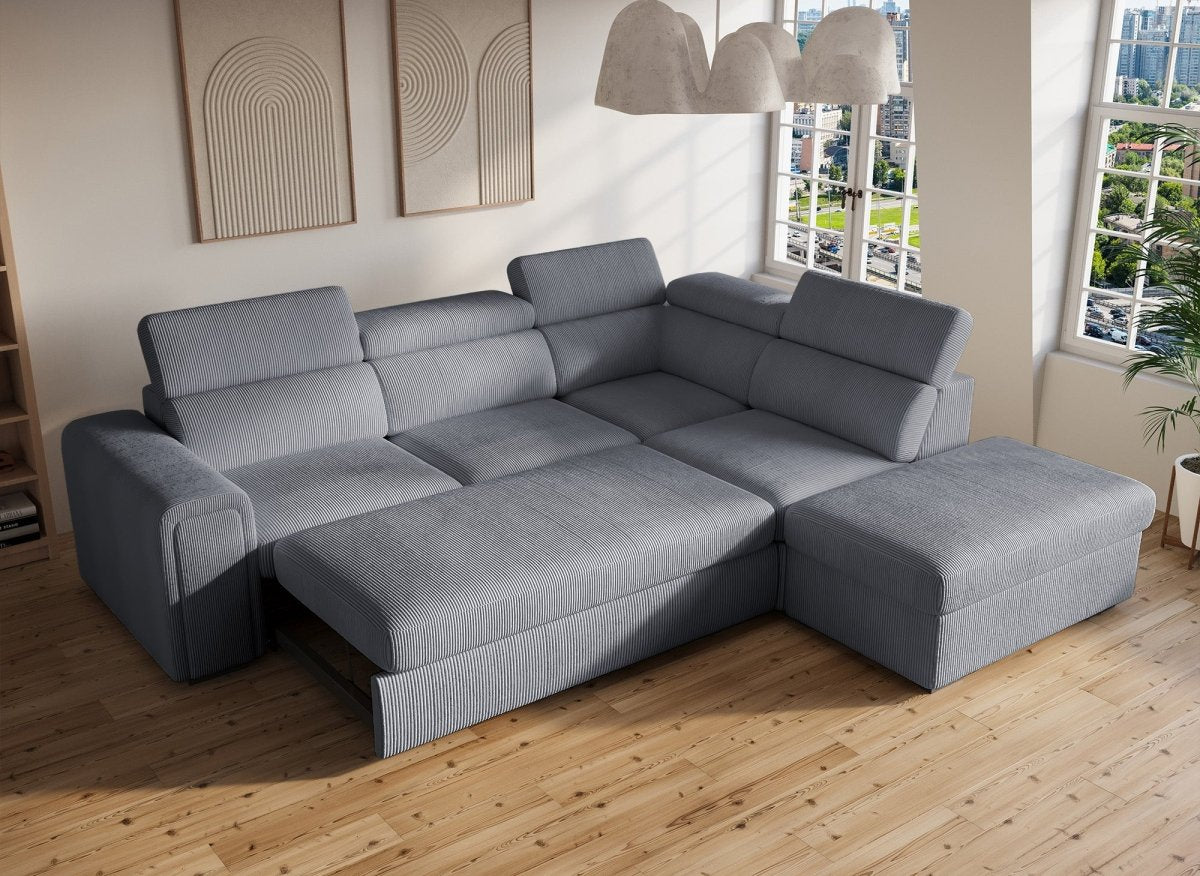 Canapé d'angle convertible avec coffre en velours côtelé épais gris ZENOVA - Angle droit - DécoInParis