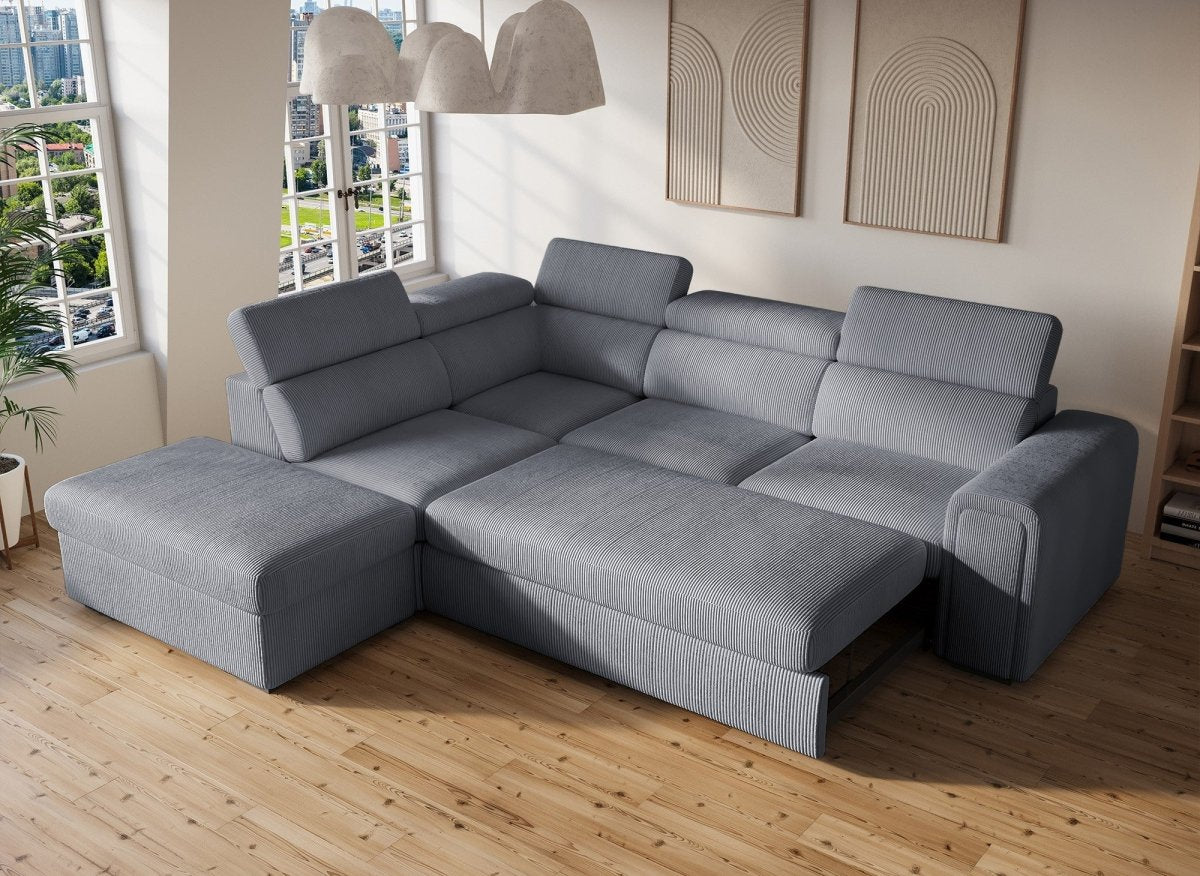 Canapé d'angle convertible avec coffre en velours côtelé épais gris ZENOVA - Angle gauche - DécoInParis