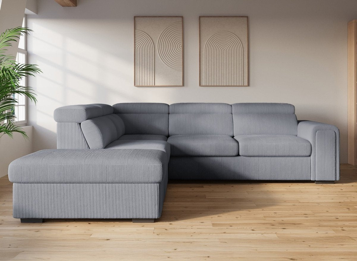 Canapé d'angle convertible avec coffre en velours côtelé épais gris ZENOVA - Angle gauche - DécoInParis