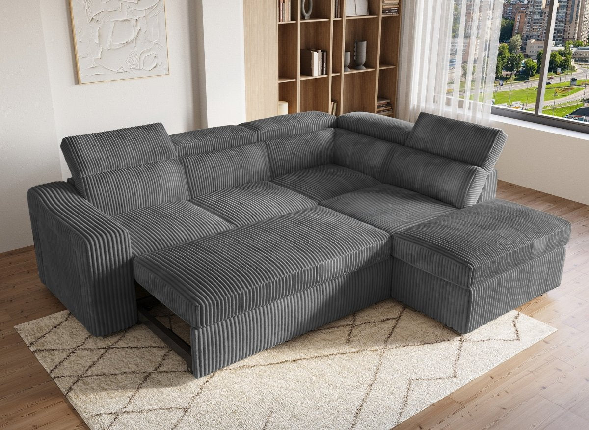Canapé d'angle convertible avec coffre en velours côtelé gris MARTY - Angle droit - DécoInParis