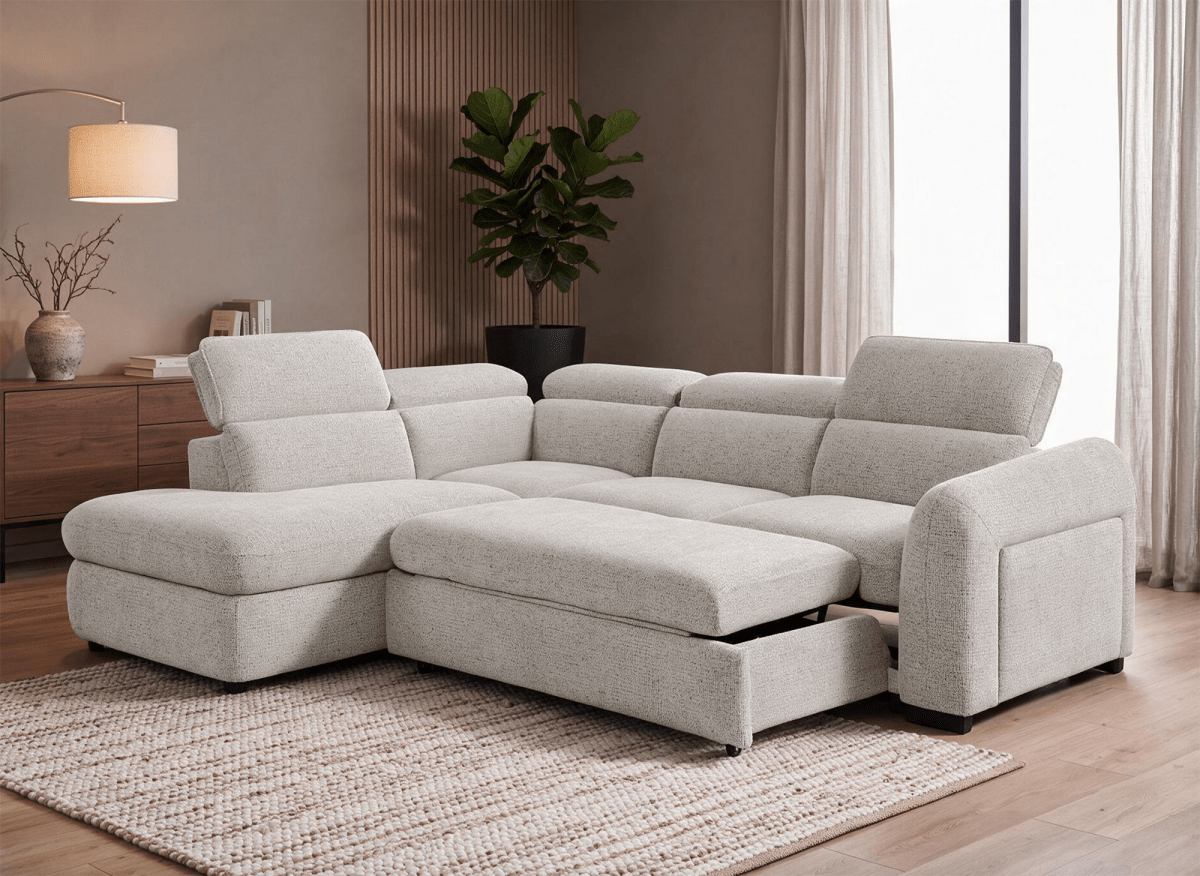Canapé d'angle convertible avec coffre en velours texturé beige MADISON - Angle gauche - DécoInParis