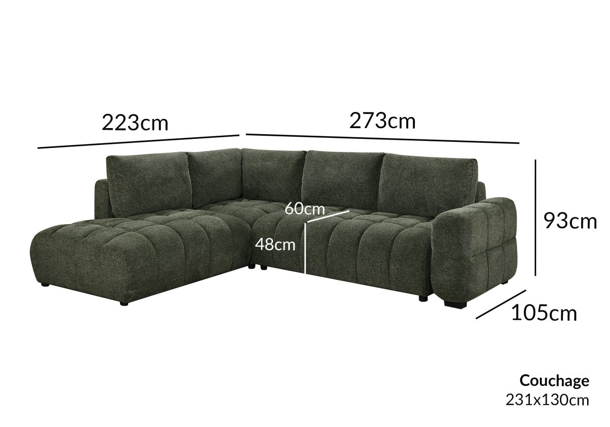 Canapé d'angle convertible avec coffres en velours texturé vert olive NAELIE - Angle gauche - DécoInParis