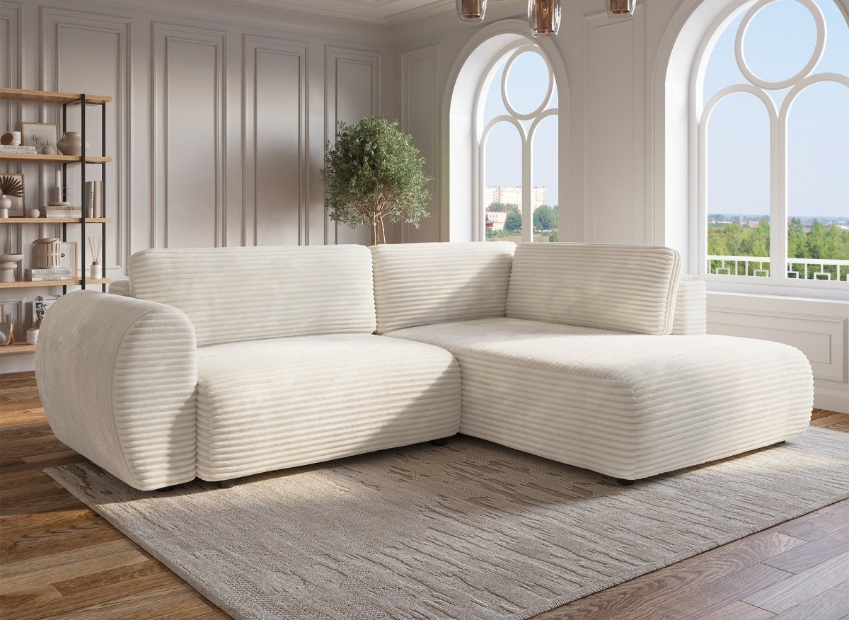 Canapé d'angle convertible avec méridienne et coffre en gros côtelé doux beige TILDA - Angle droit - DécoInParis