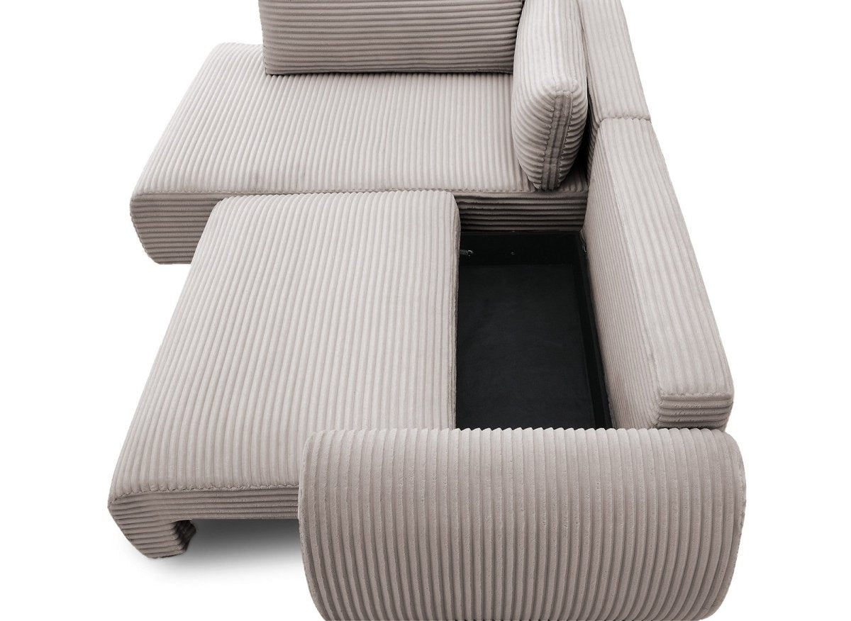 Canapé d'angle convertible avec méridienne et coffre en gros côtelé doux taupe TILDA - Angle gauche - DécoInParis