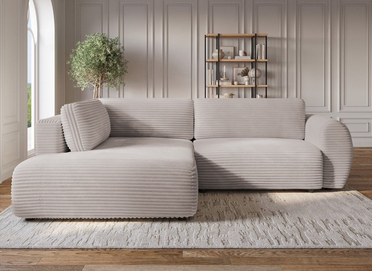 Canapé d'angle convertible avec méridienne et coffre en gros côtelé doux taupe TILDA - Angle gauche - DécoInParis