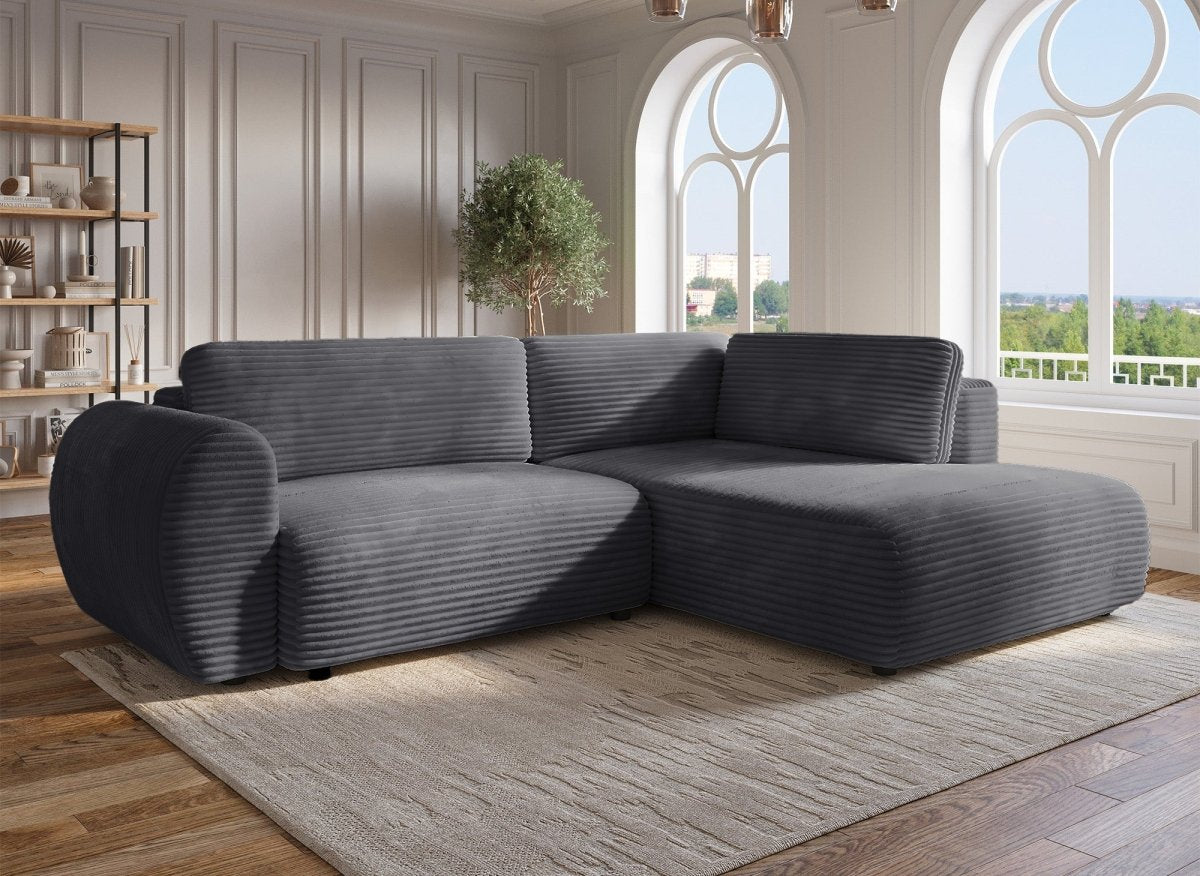 Canapé d'angle convertible avec méridienne et coffre en gros côtelé gris TILDA - Angle droit - DécoInParis