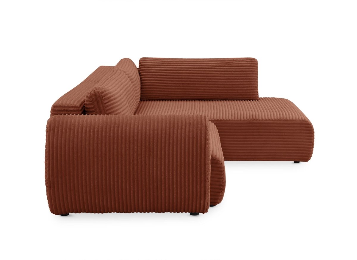 Canapé d'angle convertible avec méridienne et coffre en gros côtelé terracotta TILDA - Angle droit - DécoInParis