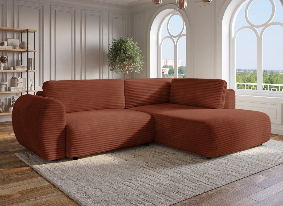Canapé d'angle convertible avec méridienne et coffre en gros côtelé terracotta TILDA - Angle droit - DécoInParis