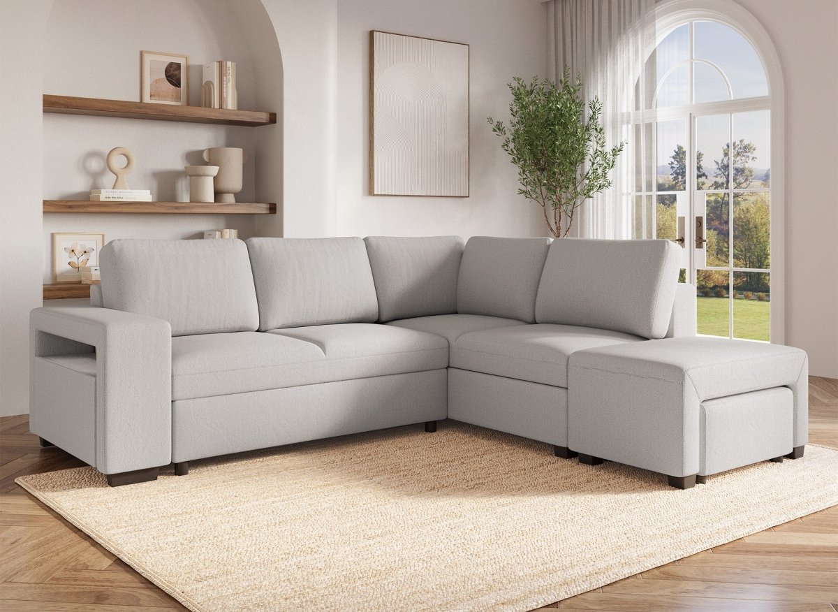 Canapé d'angle convertible en tissu beige ALBAN - Angle droit - DécoInParis