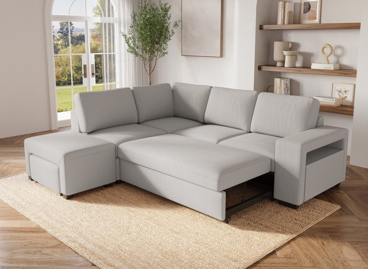 Canapé d'angle convertible en tissu beige ALBAN - Angle gauche - DécoInParis