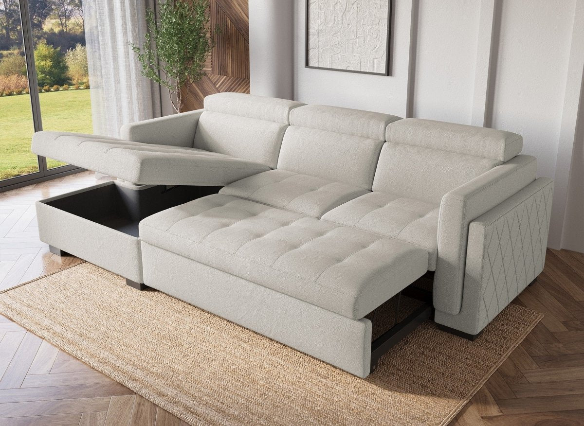 Canapé d'angle convertible en tissu beige CHANDLER - Angle gauche - DécoInParis