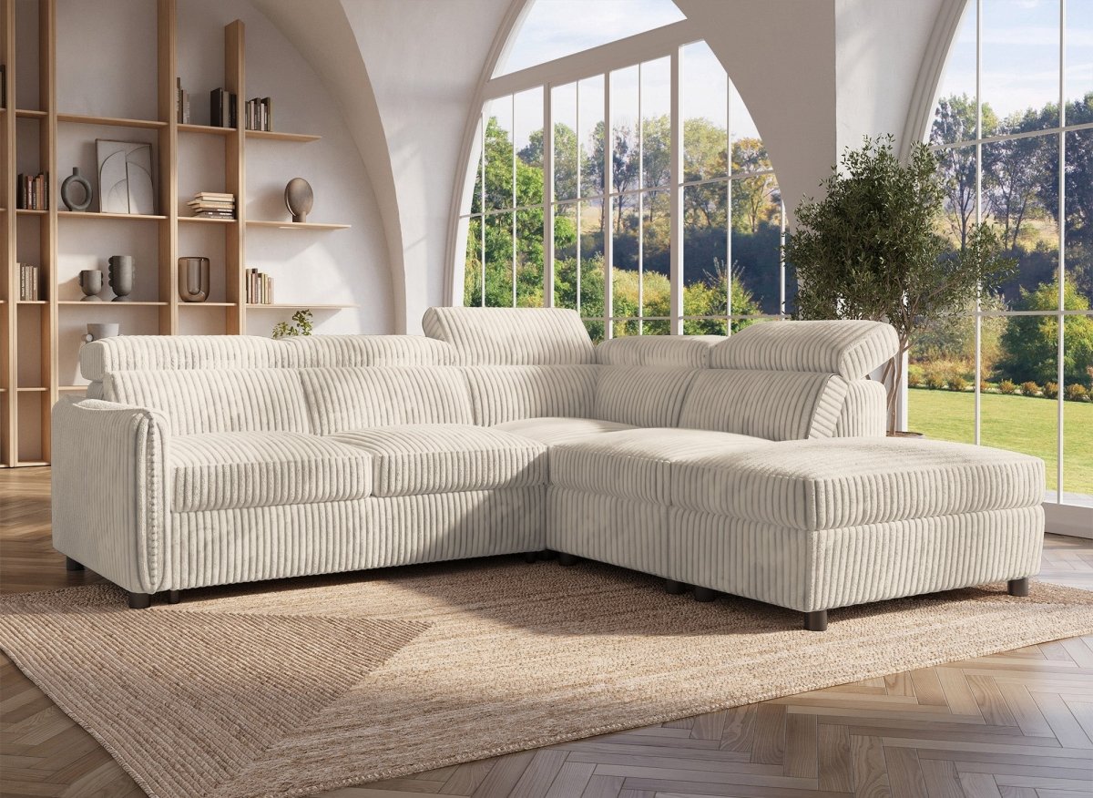 Canapé d'angle convertible en velours côtelé épais beige NAIROBI - Angle droit - DécoInParis