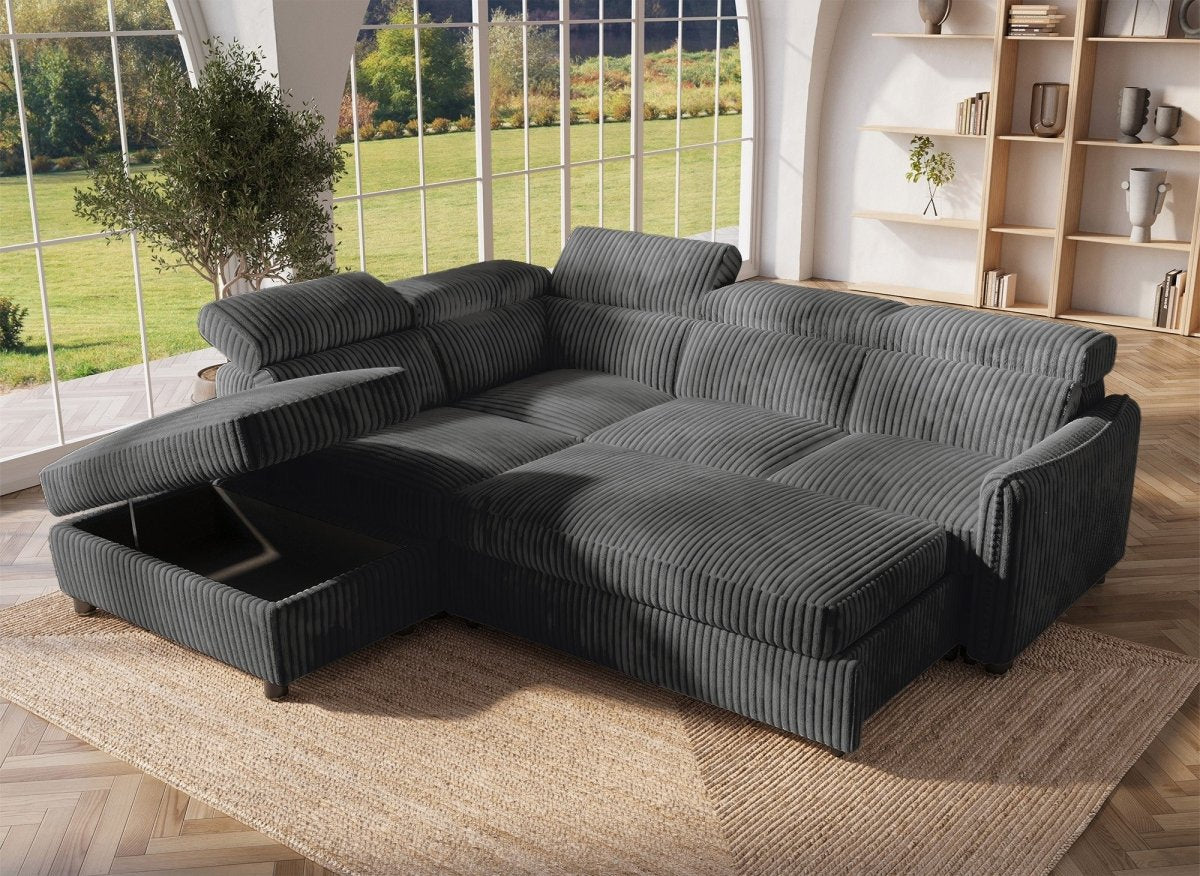 Canapé d'angle convertible en velours côtelé épais gris NAIROBI - Angle gauche - DécoInParis