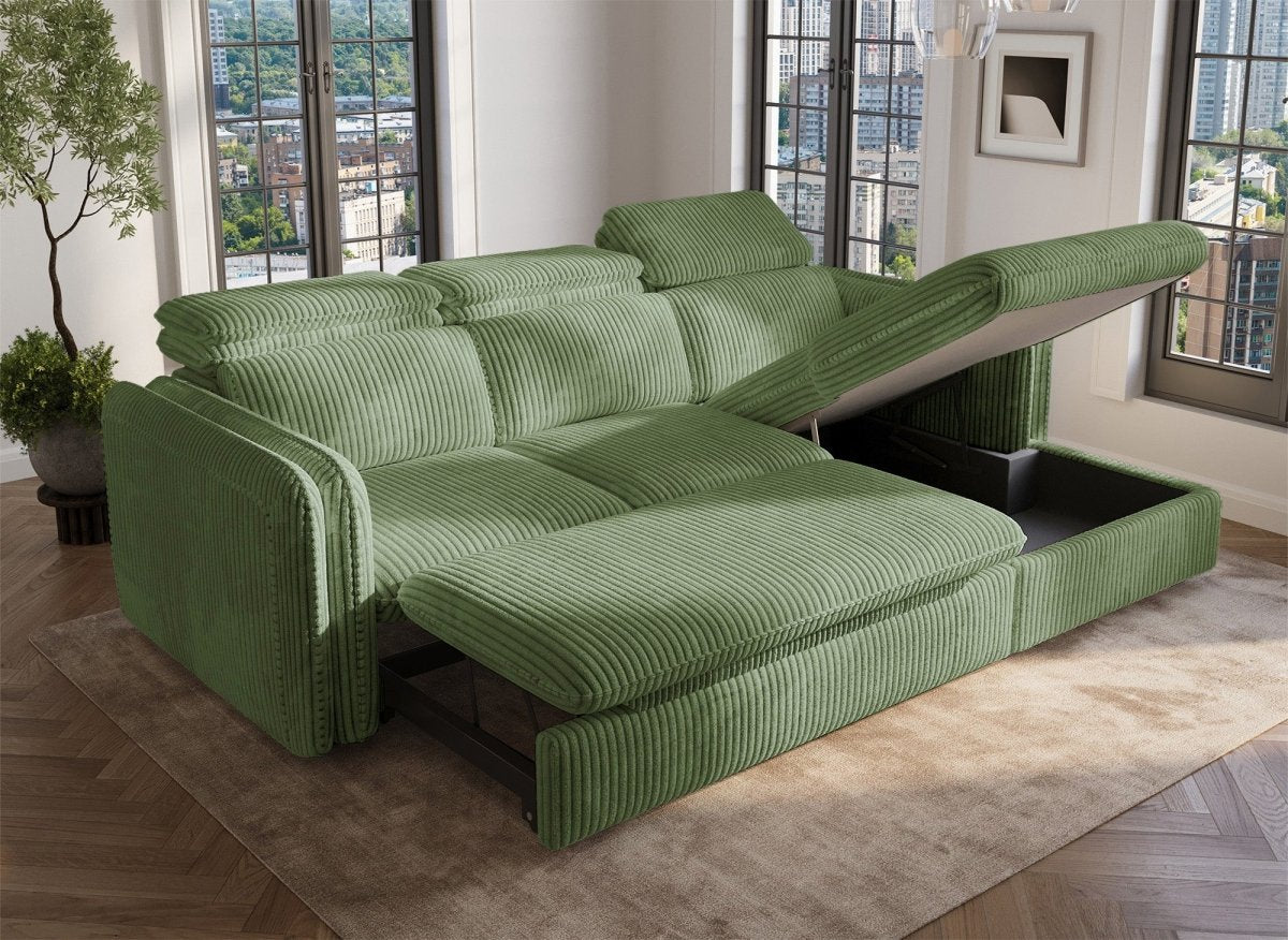 Canapé d'angle convertible en velours côtelé épais vert clair ISABELLA - Angle droit - DécoInParis