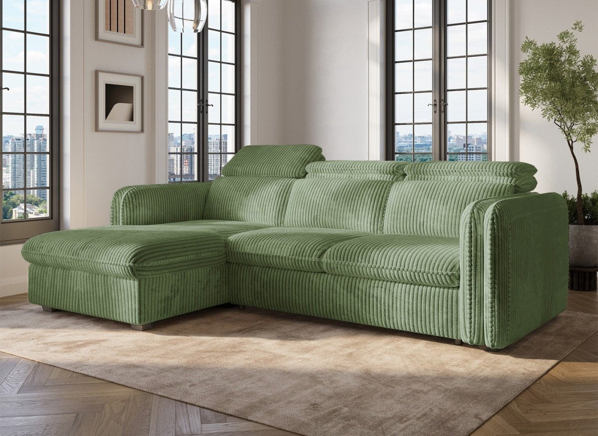 Canapé d'angle convertible en velours côtelé épais vert clair ISABELLA - Angle gauche - DécoInParis