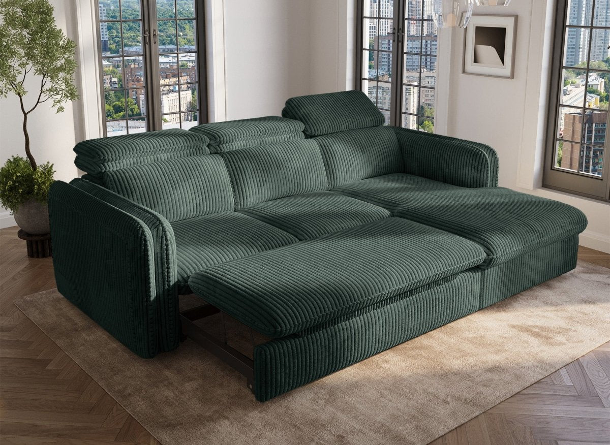 Canapé d'angle convertible en velours côtelé épais vert ISABELLA - Angle droit - DécoInParis