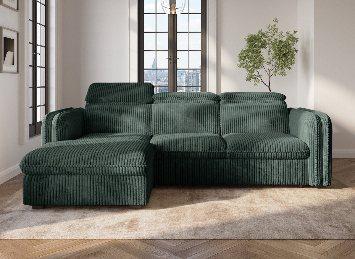 Canapé d'angle convertible en velours côtelé épais vert ISABELLA - Angle gauche - DécoInParis