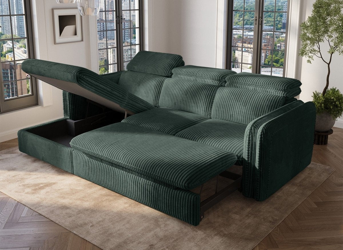Canapé d'angle convertible en velours côtelé épais vert ISABELLA - Angle gauche - DécoInParis