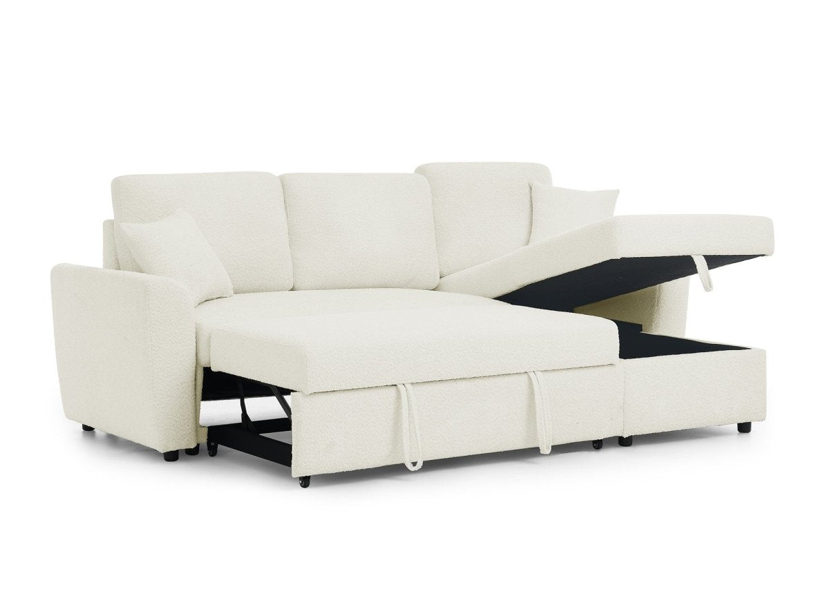 Canapé d'angle convertible et réversible avec coffre en tissu bouclette beige ADRYEN - DécoInParis