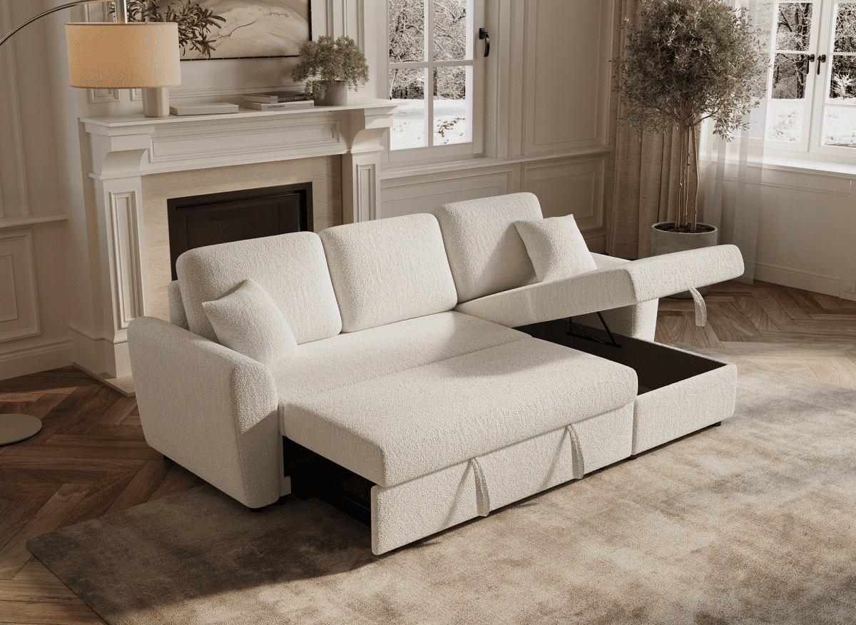 Canapé d'angle convertible et réversible avec coffre en tissu bouclette beige ADRYEN - DécoInParis