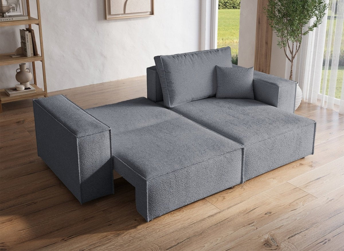 Canapé d'angle convertible et réversible avec coffre en tissu bouclette gris anthracite JADE MINI - DécoInParis