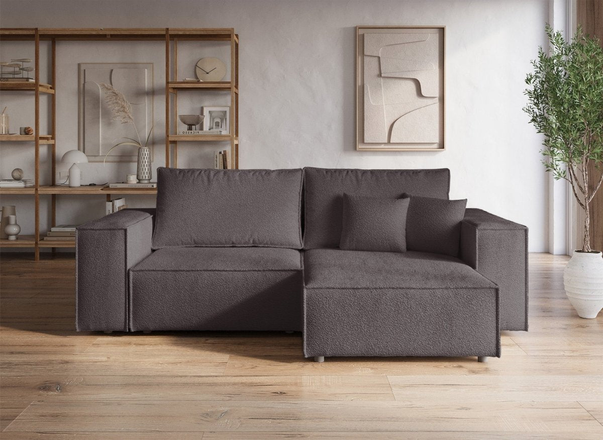 Canapé d'angle convertible et réversible avec coffre en tissu bouclette marron JADE MINI - DécoInParis