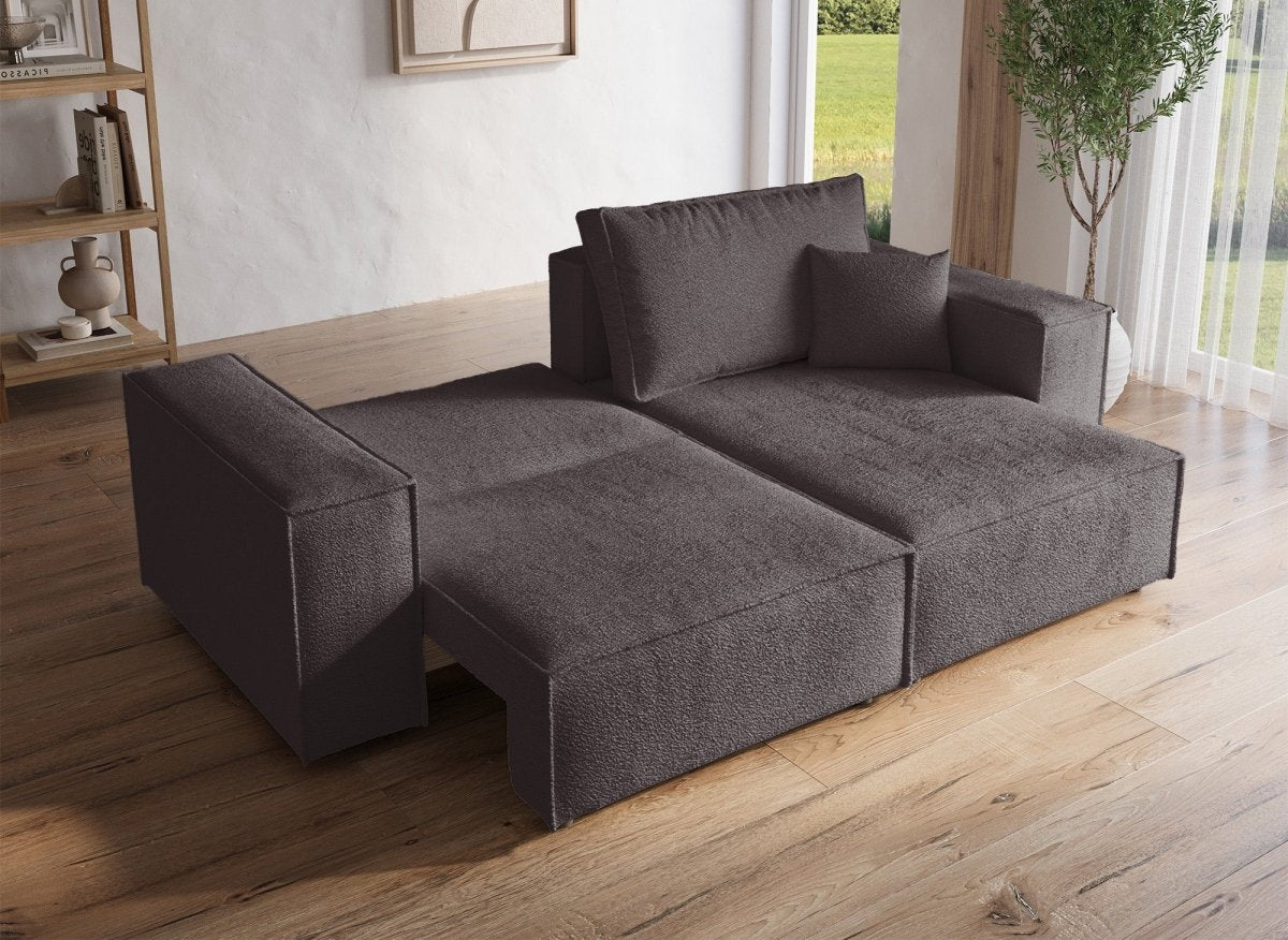 Canapé d'angle convertible et réversible avec coffre en tissu bouclette marron JADE MINI - DécoInParis