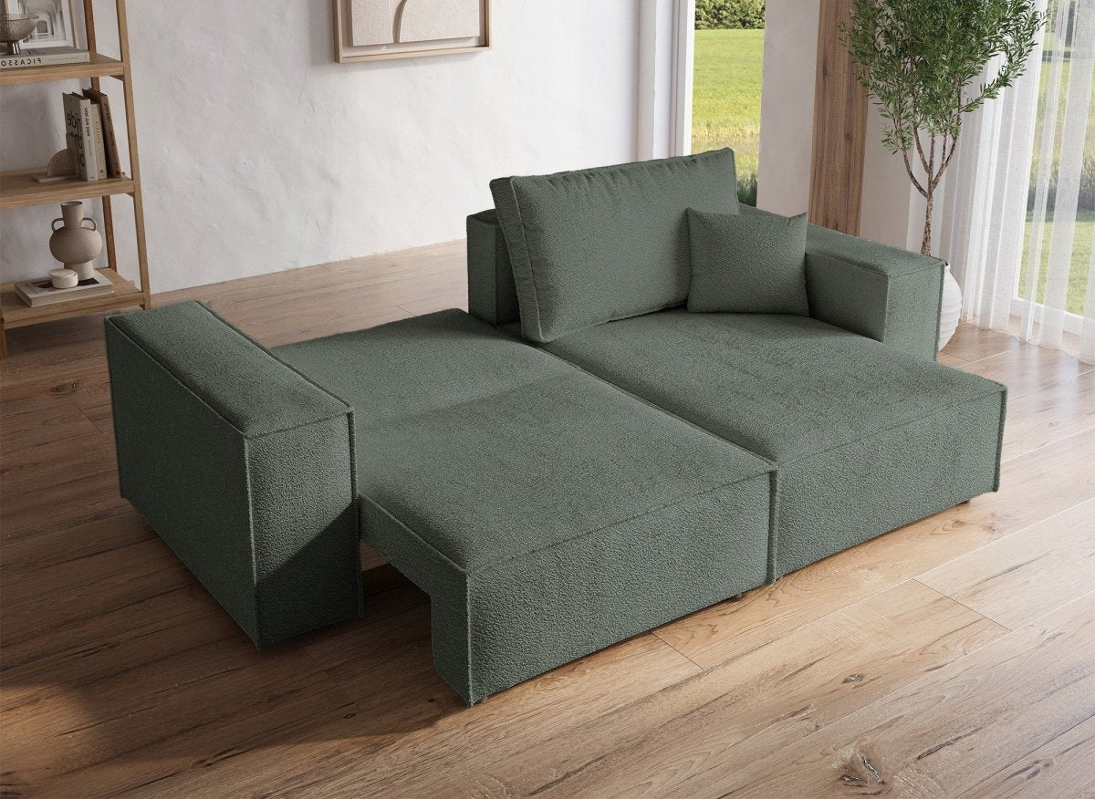 Canapé d'angle convertible et réversible avec coffre en tissu bouclette vert kaki JADE MINI - DécoInParis