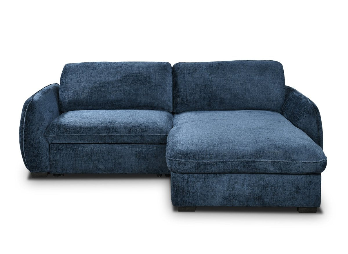 Canapé d'angle convertible et réversible avec coffre en velours chiné bleu LIORA - DécoInParis