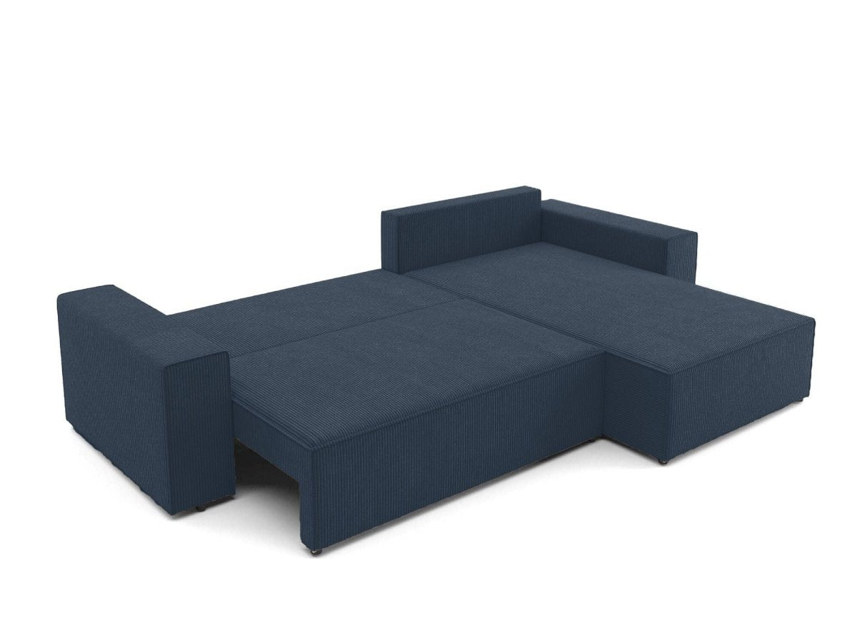 Canapé d'angle convertible et réversible avec coffre en velours cotelé bleu foncé - JADE - DécoInParis