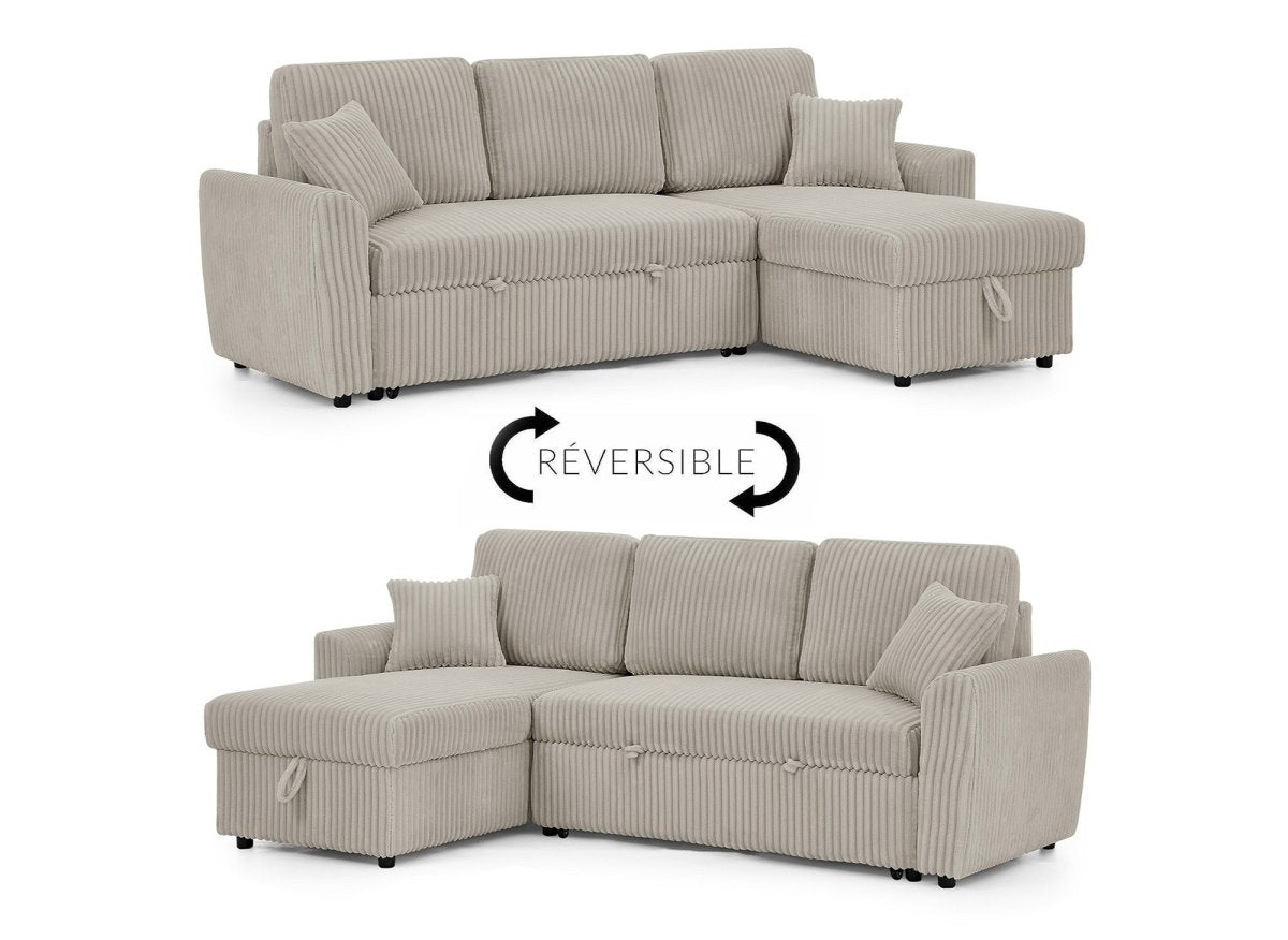 Canapé d'angle convertible et réversible avec coffre en velours côtelé épais taupe ADRYEN - DécoInParis