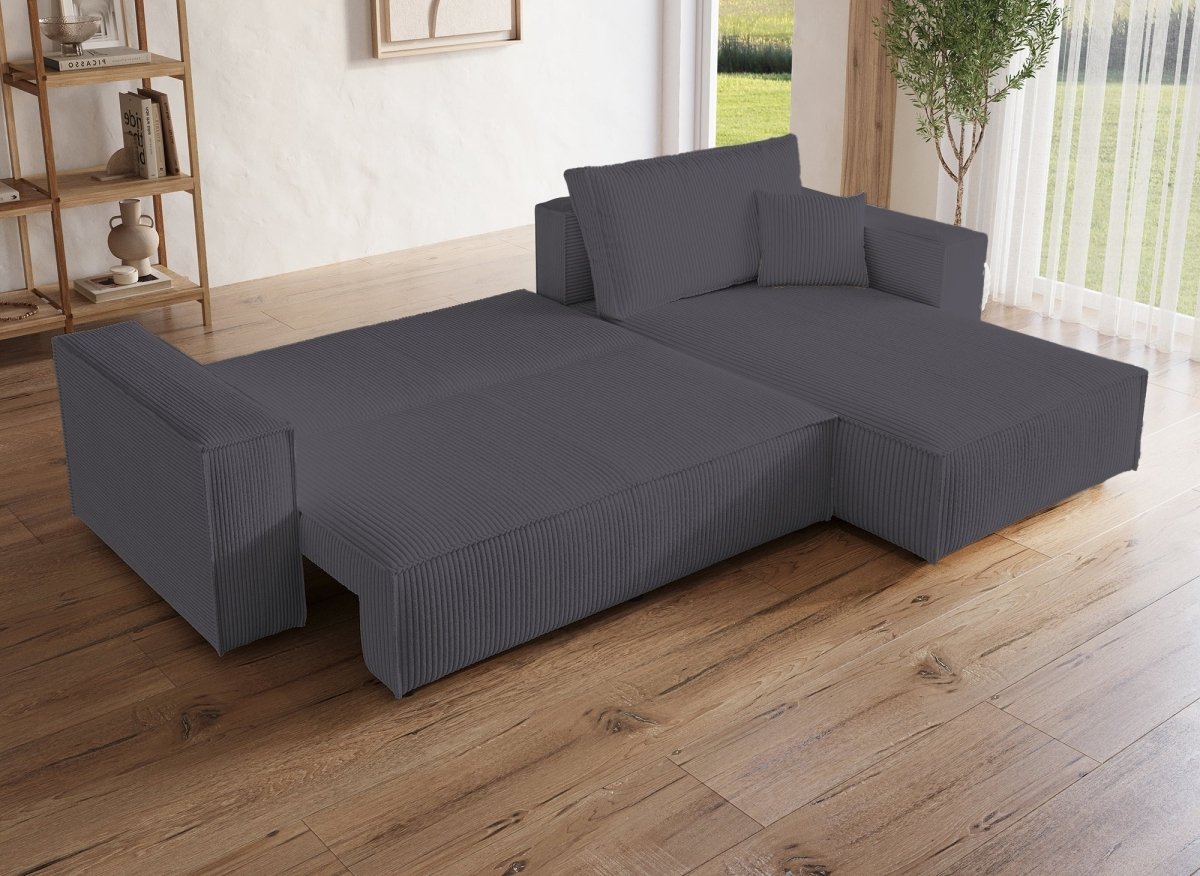 Canapé d'angle convertible et réversible avec coffre en velours cotelé gris anthracite - JADE - DécoInParis