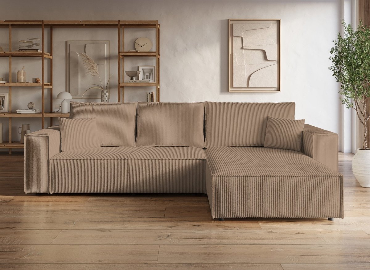 Canapé d'angle convertible et réversible avec coffre en velours cotelé moka JADE - DécoInParis