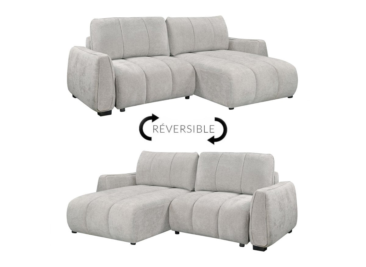 Canapé d'angle convertible et réversible avec coffres en velours texturé beige MAGHLA - DécoInParis