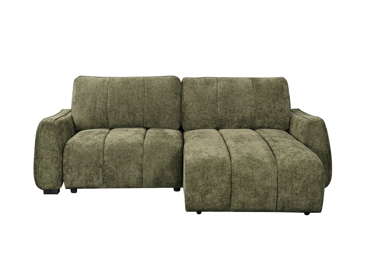 Canapé d'angle convertible et réversible avec coffres en velours texturé vert olive MAGHLA - DécoInParis