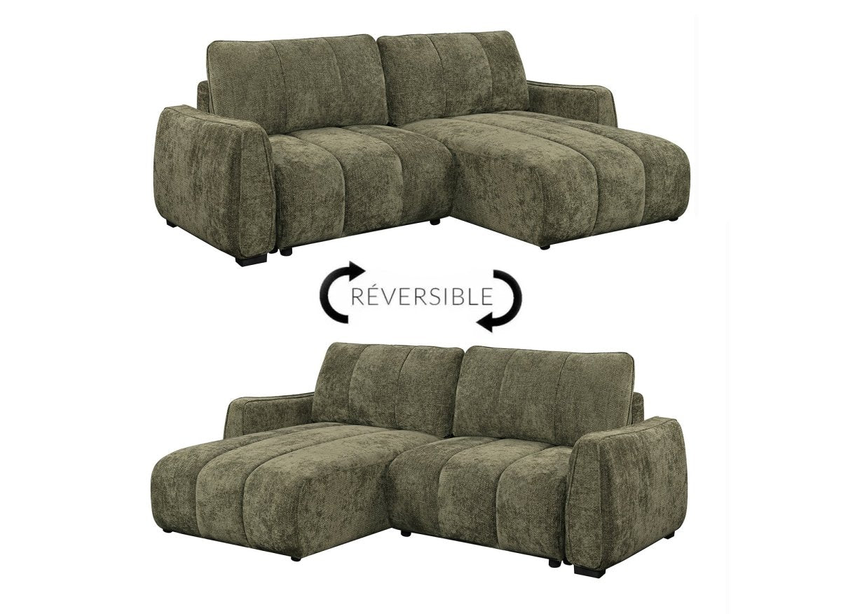 Canapé d'angle convertible et réversible avec coffres en velours texturé vert olive MAGHLA - DécoInParis