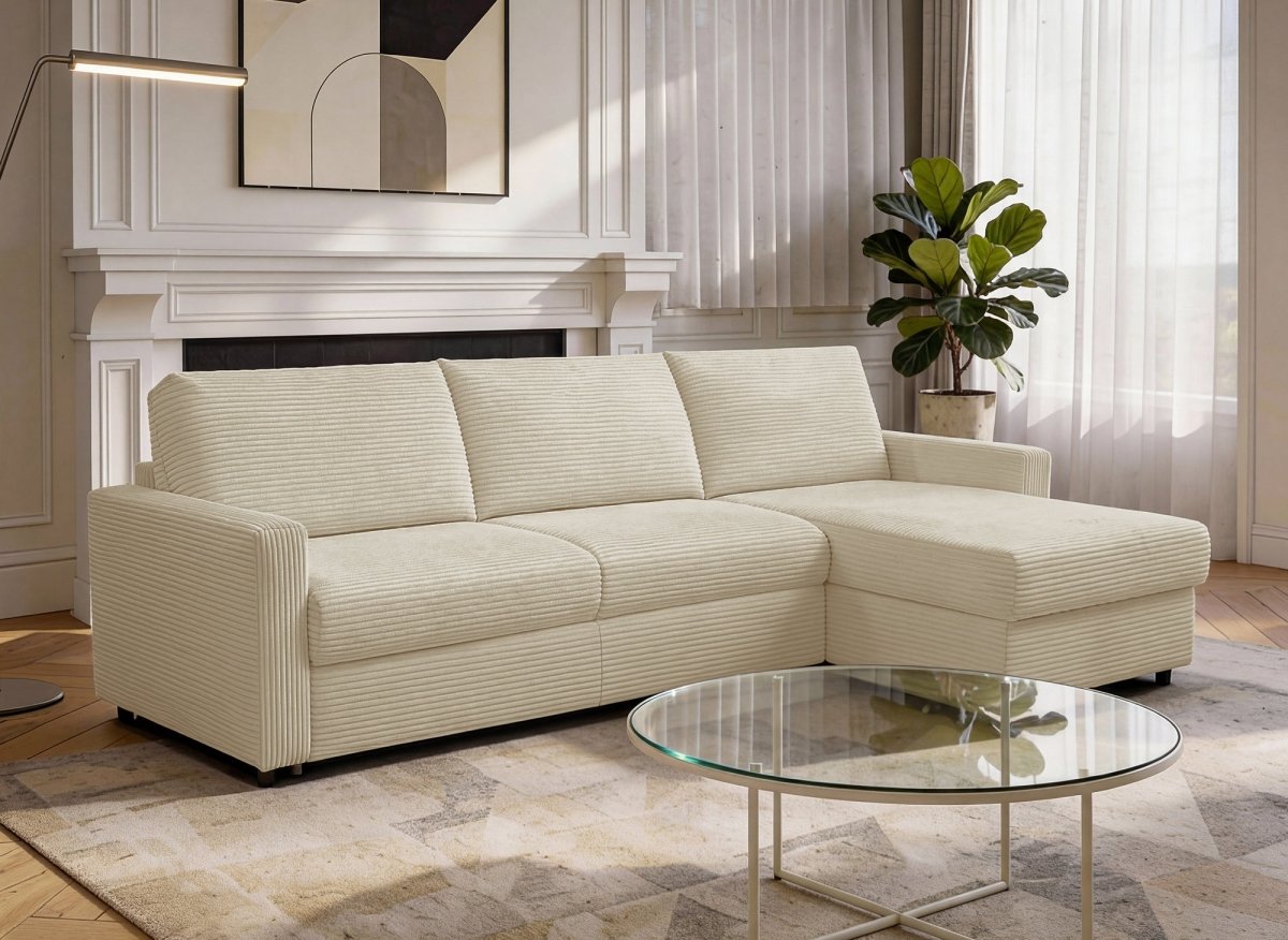 Canapé d'angle convertible et réversible ouverture express en velours côtelé beige JULIETTE - DécoInParis