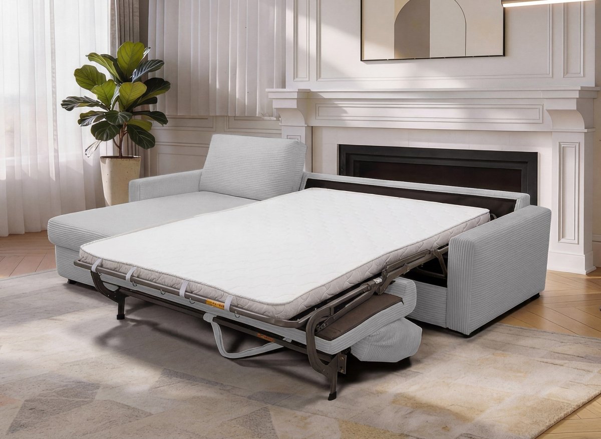 Canapé d'angle convertible et réversible ouverture express en velours côtelé gris JULIETTE - DécoInParis