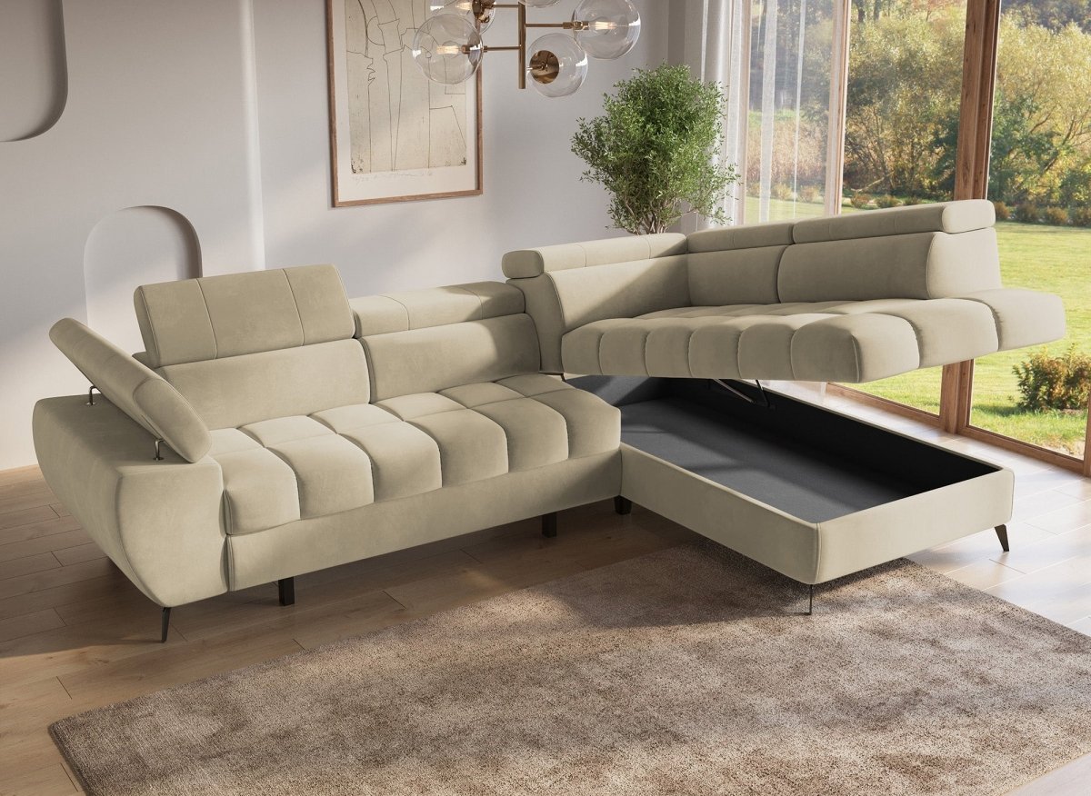 Canapé d'angle convertible matelassé avec coffre en velours beige LUCIANO - Angle droit - DécoInParis