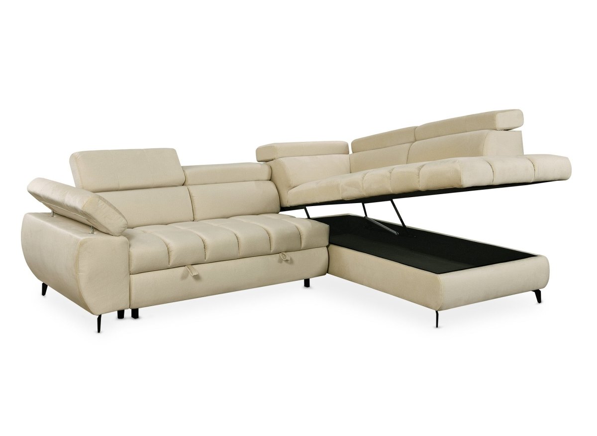 Canapé d'angle convertible matelassé avec coffre en velours beige LUCIANO - Angle droit - DécoInParis