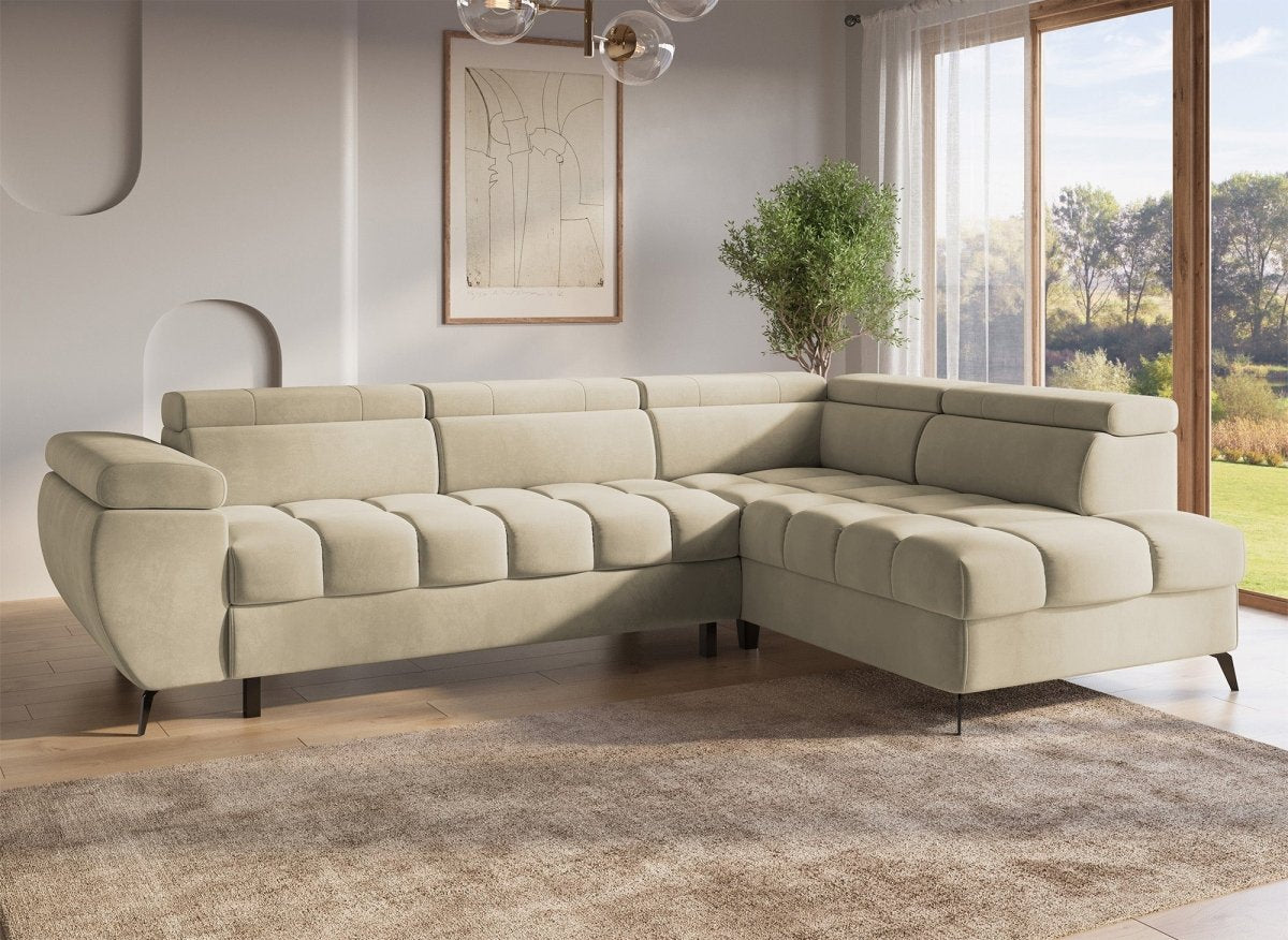 Canapé d'angle convertible matelassé avec coffre en velours beige LUCIANO - Angle droit - DécoInParis