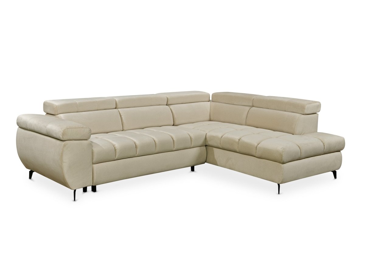 Canapé d'angle convertible matelassé avec coffre en velours beige LUCIANO - Angle droit - DécoInParis