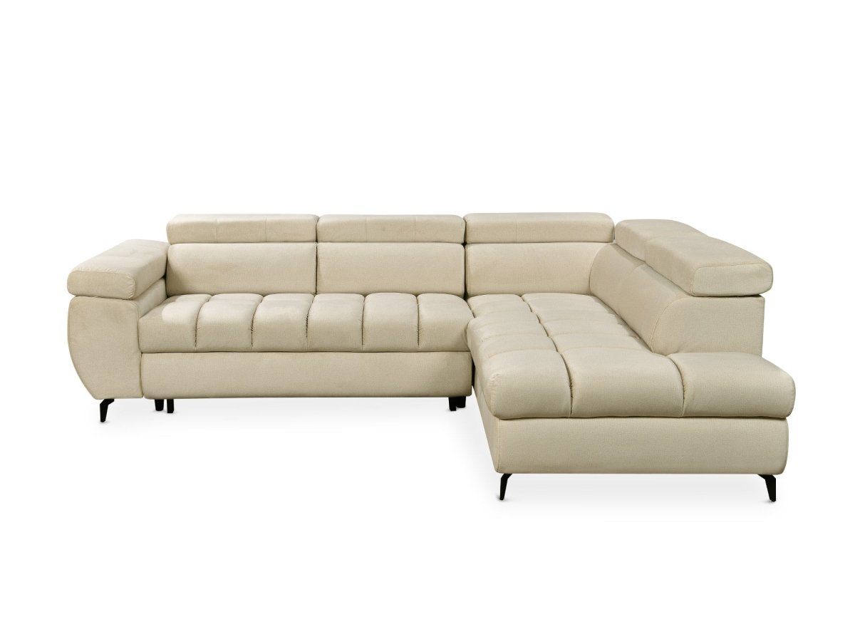 Canapé d'angle convertible matelassé avec coffre en velours beige LUCIANO - Angle droit - DécoInParis